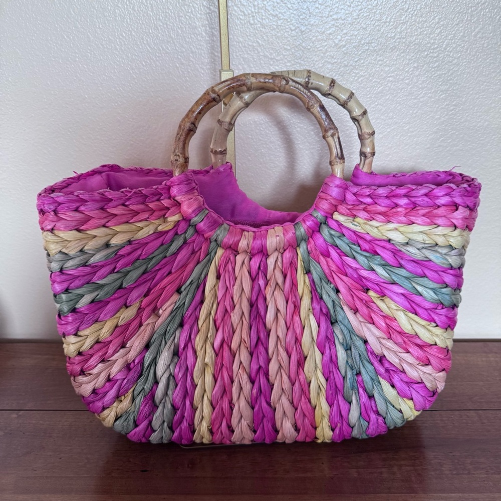 MMS Vibrant Striped Crescent straw Tote with bamboo handles
